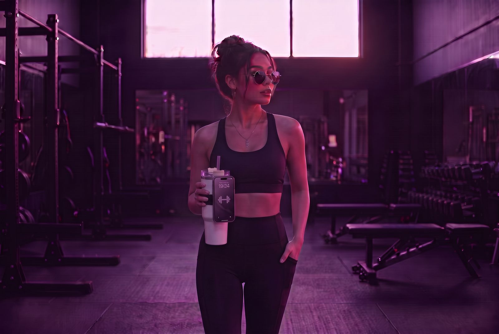 Woman at the gym with her phone mounted on her tumbler strap